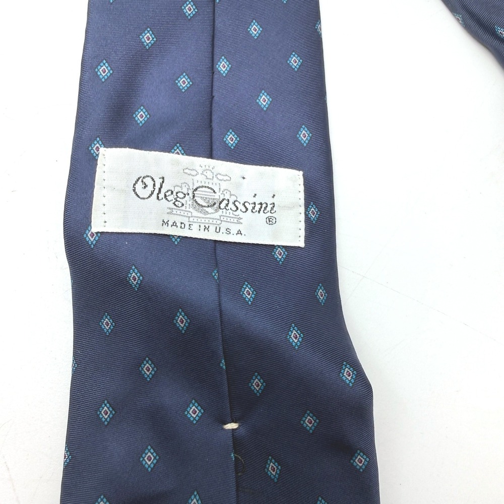 Vintage Oleg Cassini Tie Mens OS Silk Geometric Navy Blue Classic
